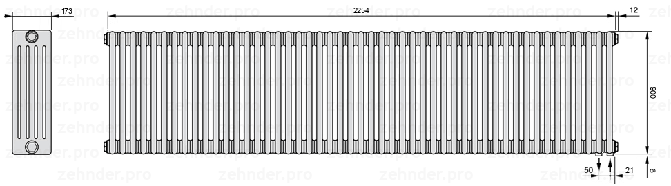 Схема (чертеж) Радиатор Zehnder Charleston 5090/49 №5510 Белый глянцевый RAL 9016